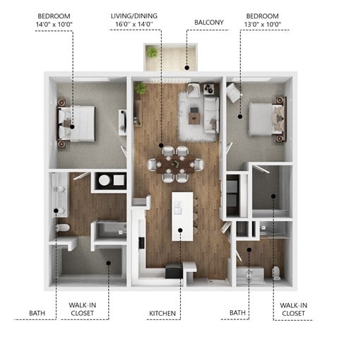 Floor plan for 2 beds, 2 baths, 1175 sqft